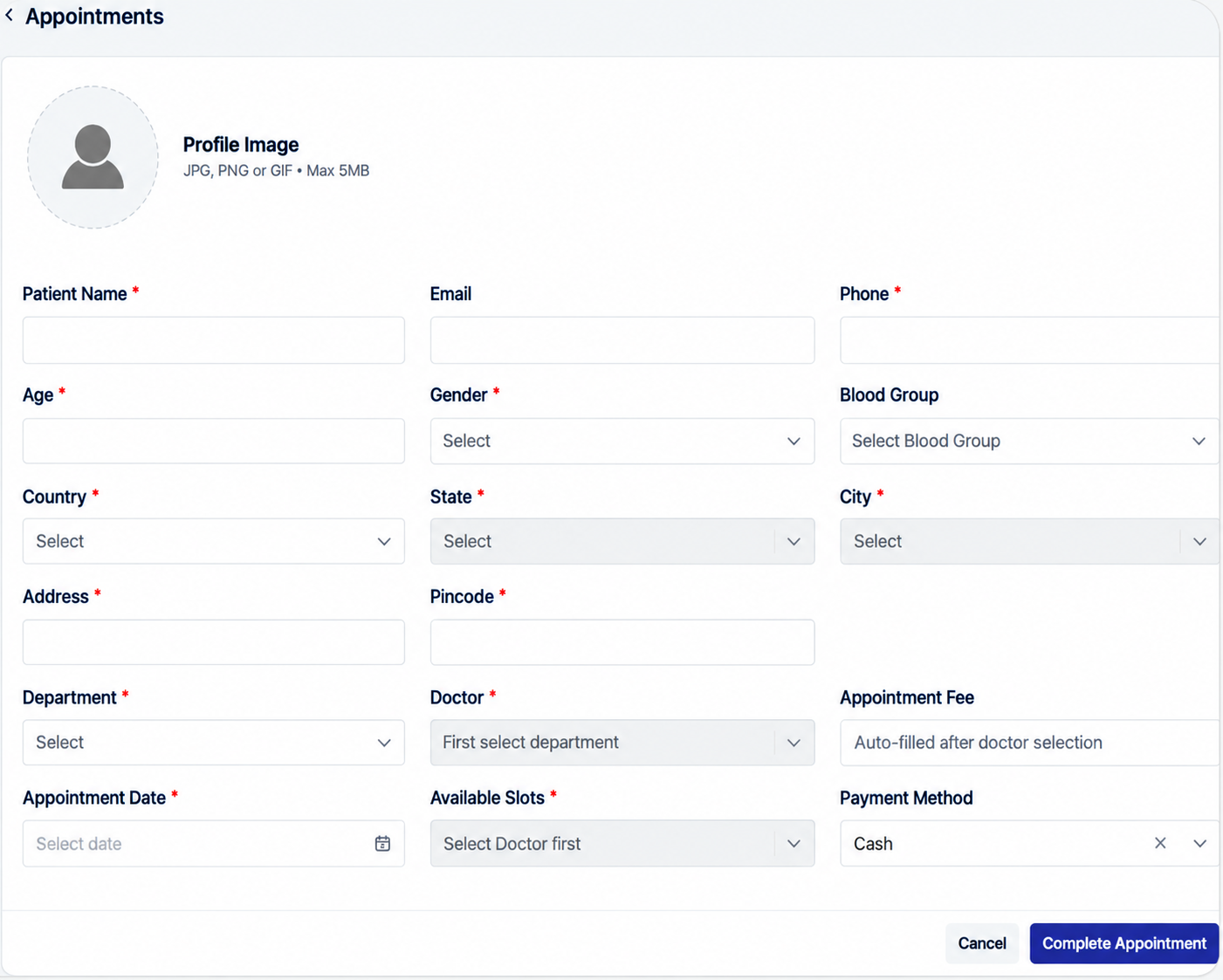 OPD Management software appointment booking screen showing department, doctor and slot selection